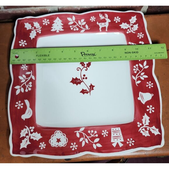 222 Fifth Tivoli Red Christmas Plate Platter 11 Inch Holiday Holly Deer Festive - Picture 2 of 5